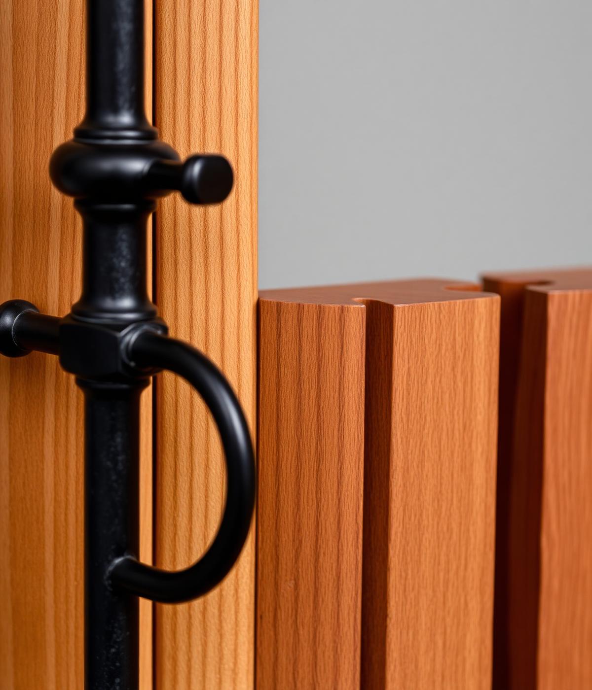 Close-up of forged iron joinery meeting mango wood